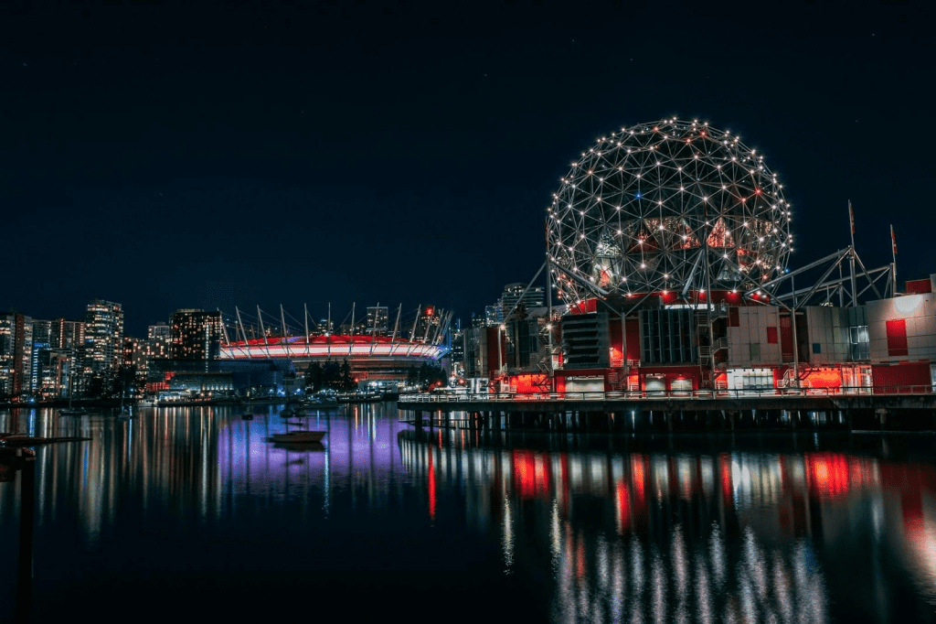 Image of Science World in downtown Vancouver, Canada at night time